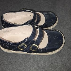 Stylish Kids Navy Blue Patent Shoes with Gold Buckles
